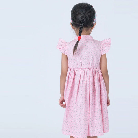 Ruffle Sleeve Button Down Petite Roses Girl Dress (Pink)