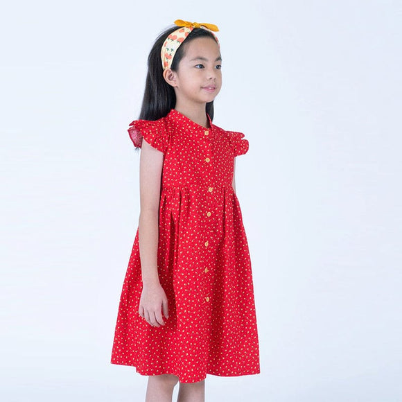Ruffle Sleeve Button Down Petite Roses Girl Dress (Red)