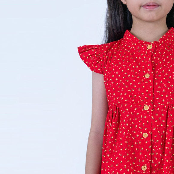 Ruffle Sleeve Button Down Petite Roses Girl Dress (Red)