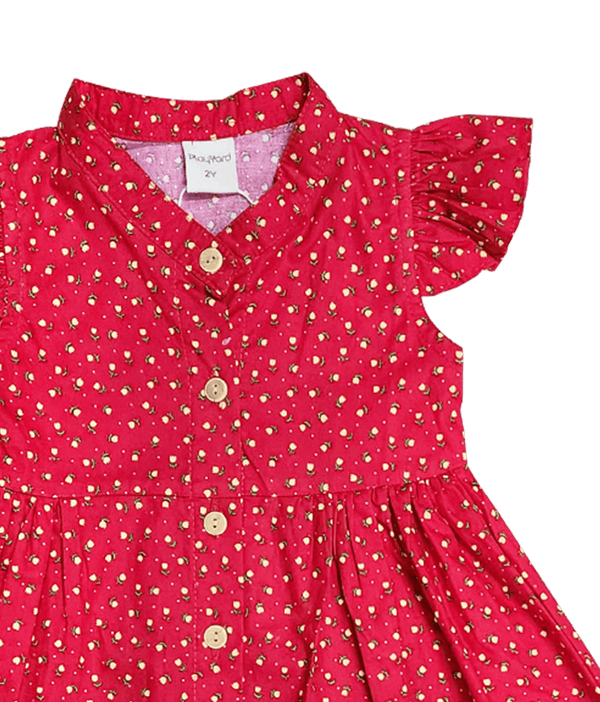 Ruffle Sleeve Button Down Petite Roses Dress (Red)