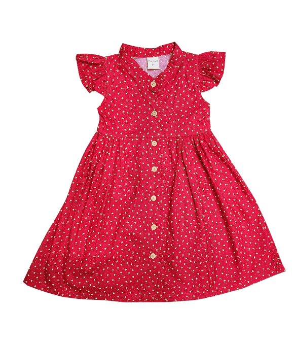 Ruffle Sleeve Button Down Petite Roses Dress (Red)