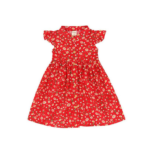 Ruffle Sleeve Button Down Joyful Daisies Dress (Red)