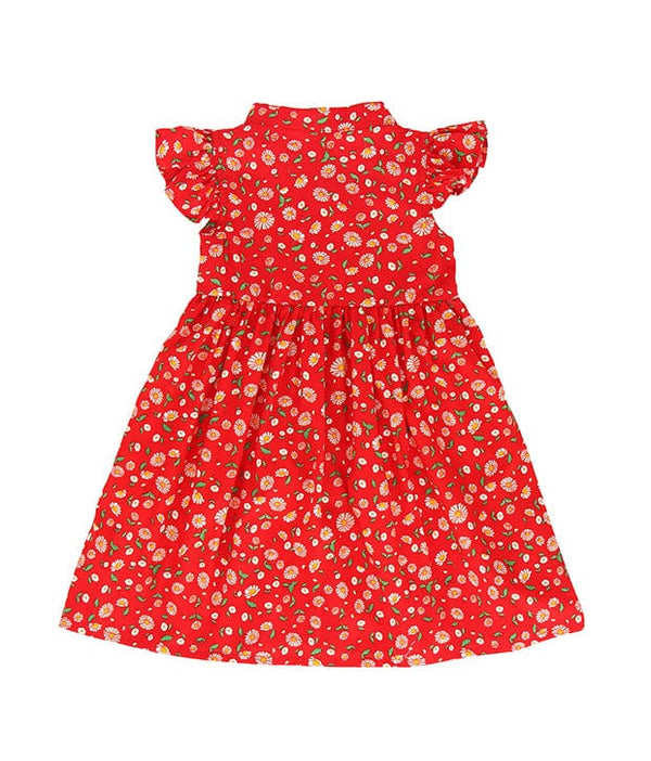 Ruffle Sleeve Button Down Joyful Daisies Dress (Red)