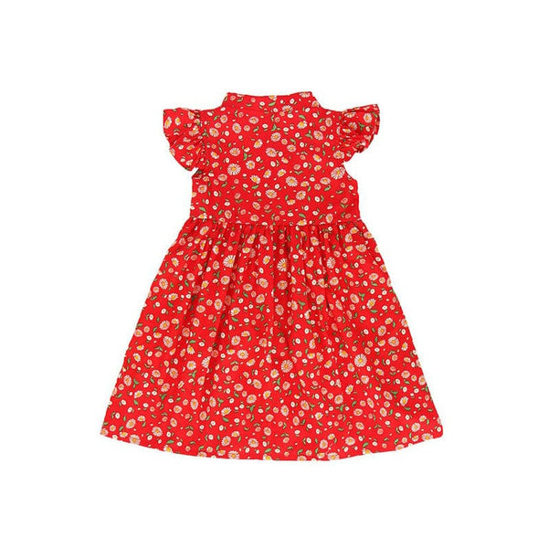 Ruffle Sleeve Button Down Joyful Daisies Dress (Red)