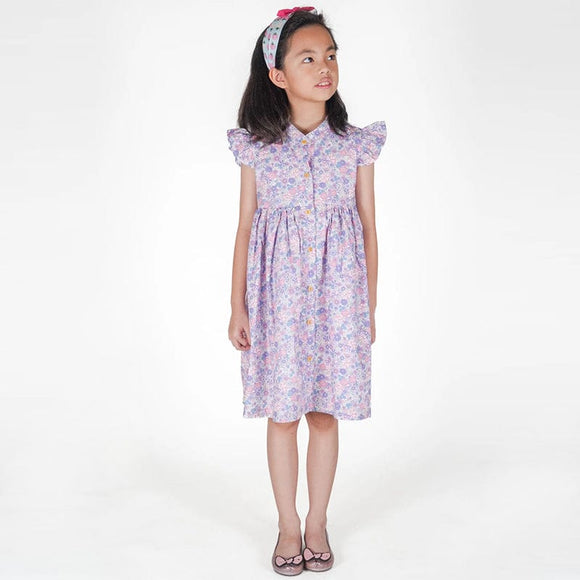 Ruffle Sleeve Button Down Springtime Blooms Girl Dress - (Lilac)