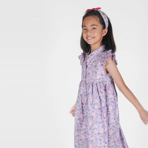 Ruffle Sleeve Button Down Springtime Blooms Girl Dress - (Lilac)