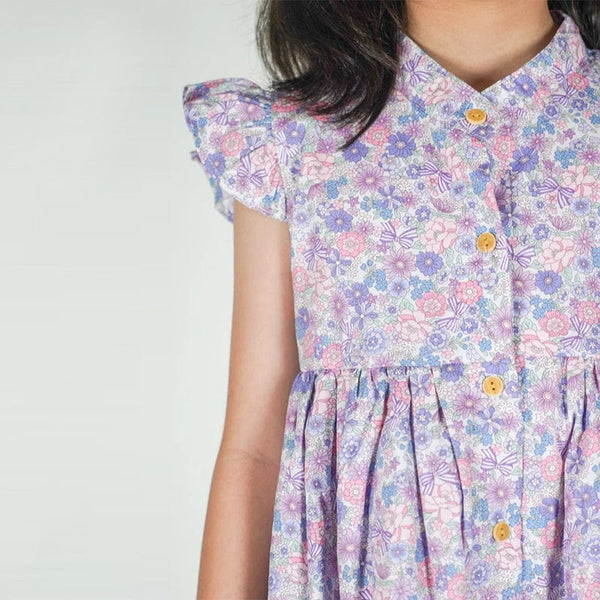 Ruffle Sleeve Button Down Springtime Blooms Girl Dress - (Lilac)