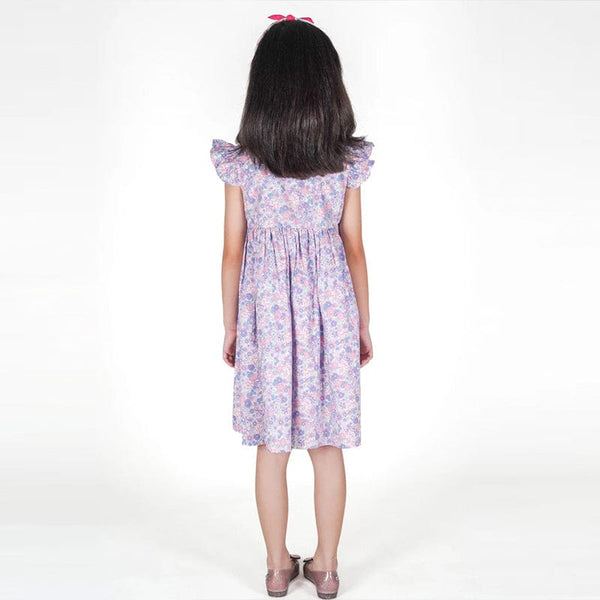Ruffle Sleeve Button Down Springtime Blooms Girl Dress - (Lilac)