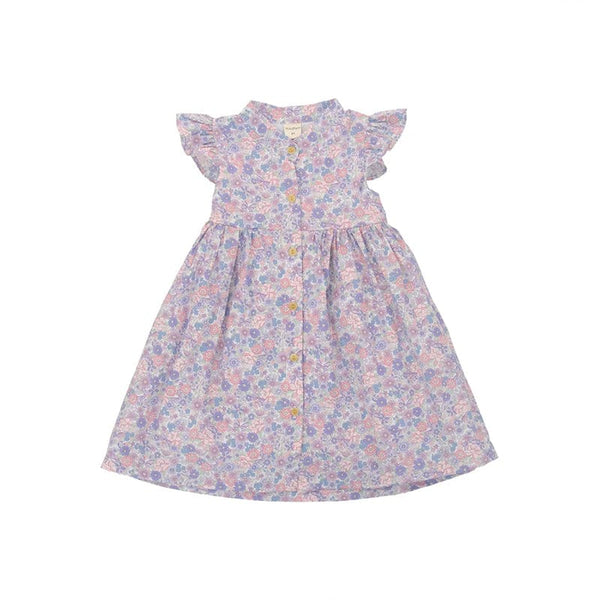 Ruffle Sleeve Button Down Springtime Blooms Girl Dress - (Lilac)