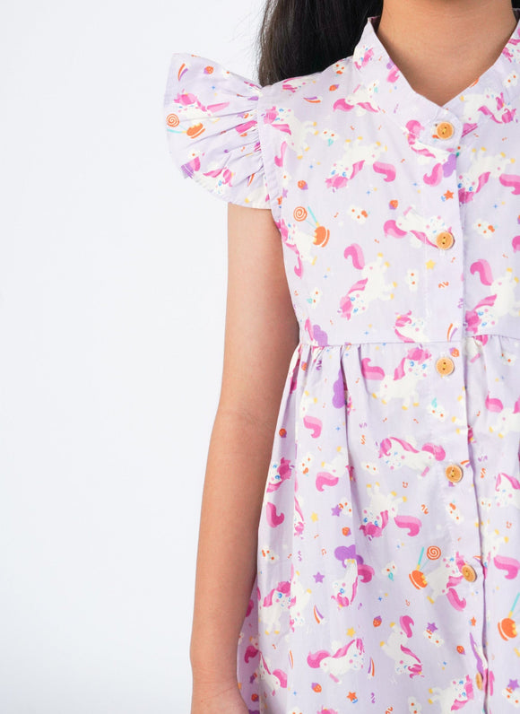 Ruffle Sleeve Button Down Unicorn & Lollipop Dress (Lilac)