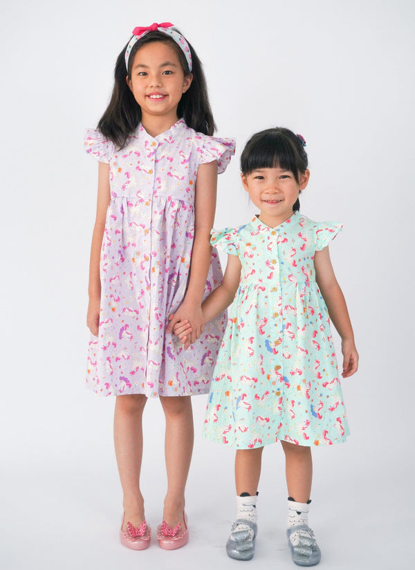 Ruffle Sleeve Button Down Unicorn & Lollipop Dress (Lilac)