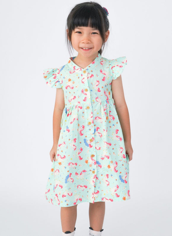 Ruffle Sleeve Button Down Unicorn & Lollipop Dress (Mint)