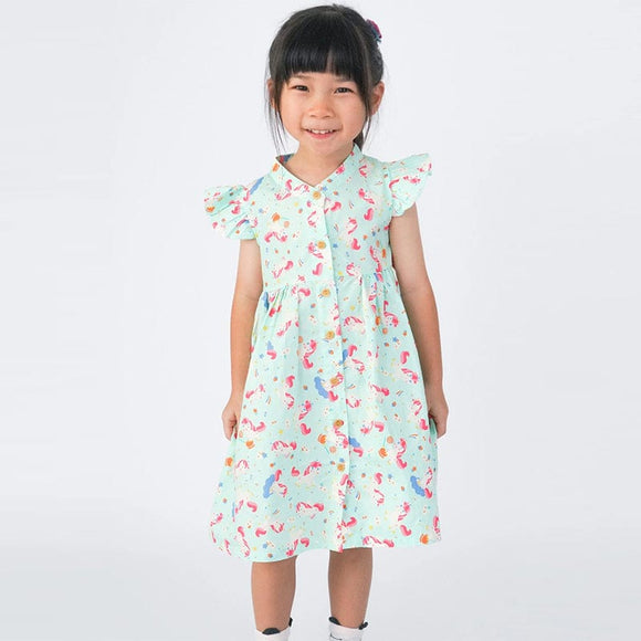 Ruffle Sleeve Button Down Unicorn & Lollipop Girl Dress (Mint)
