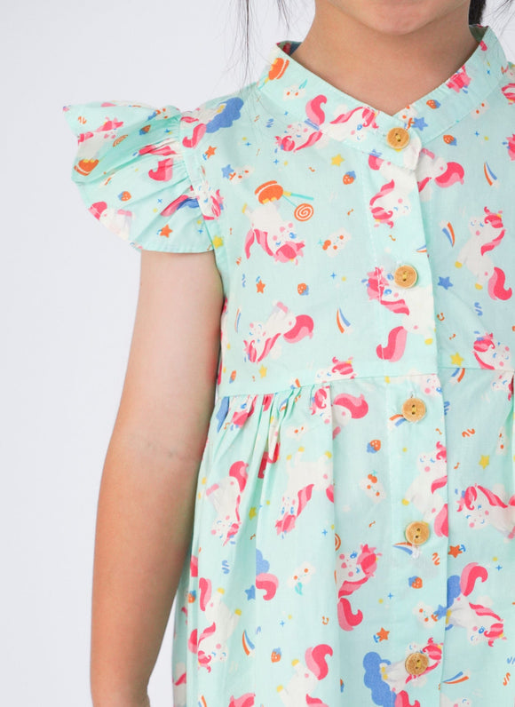 Ruffle Sleeve Button Down Unicorn & Lollipop Dress (Mint)