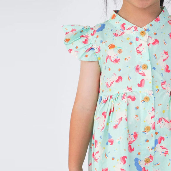 Ruffle Sleeve Button Down Unicorn & Lollipop Girl Dress (Mint)