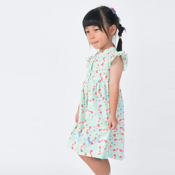 Ruffle Sleeve Button Down Unicorn & Lollipop Girl Dress (Mint)