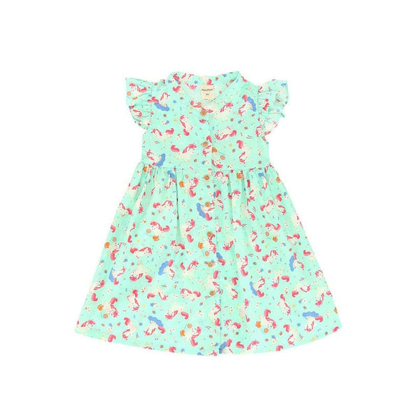 Ruffle Sleeve Button Down Unicorn & Lollipop Girl Dress (Mint)