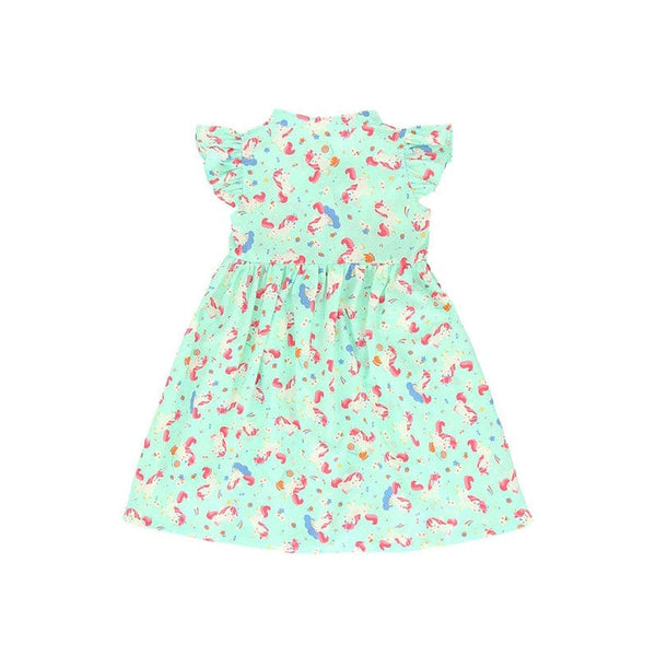 Ruffle Sleeve Button Down Unicorn & Lollipop Girl Dress (Mint)