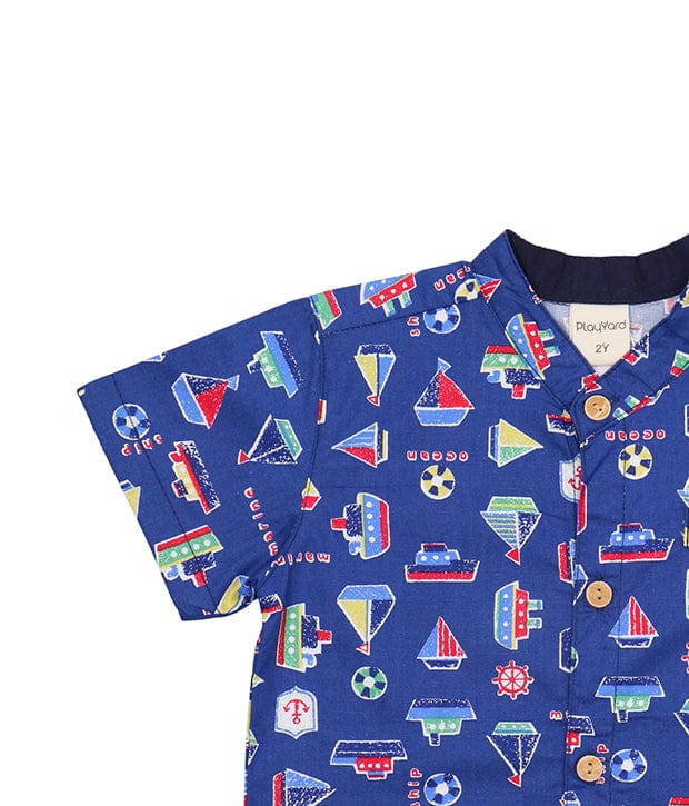 Mandarin Collar Shirt - Sailboat (Blue) NEW