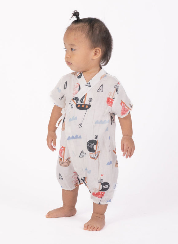 Sailboats Cotton Kimono Style Onesie