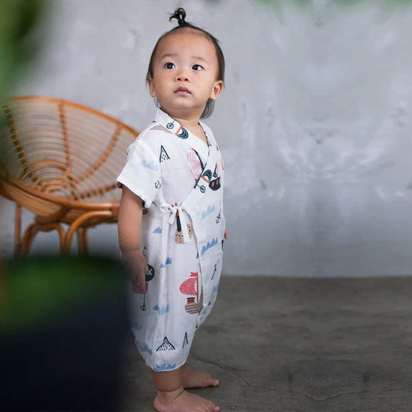 Sailboats Cotton Kimono Style Onesie