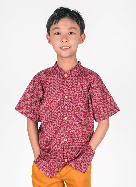 Mandarin Collar Shirt - Seigaiha Wave (Maroon)