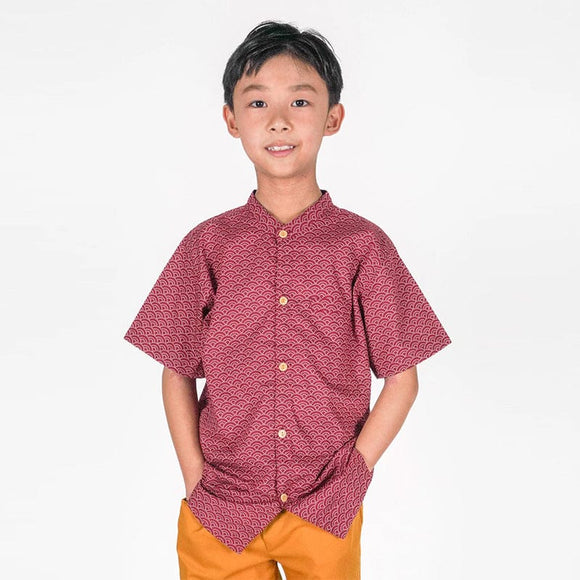 Mandarin Collar Boy Shirt - Seigaiha Wave (Maroon)