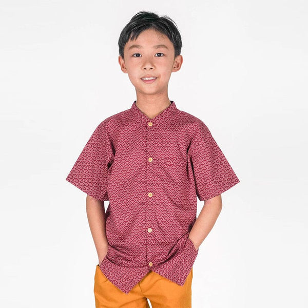 Mandarin Collar Boy Shirt - Seigaiha Wave (Maroon)