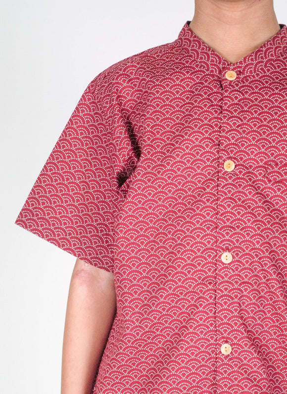 Mandarin Collar Shirt - Seigaiha Wave (Maroon)