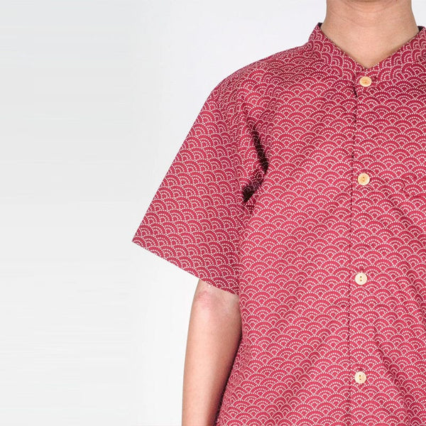Mandarin Collar Boy Shirt - Seigaiha Wave (Maroon)