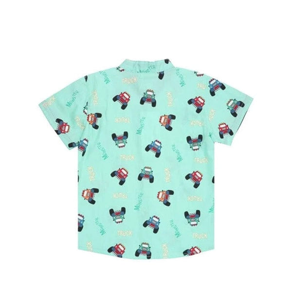 Mandarin Collar Boy Shirt - Monster Trucks (Mint Green)