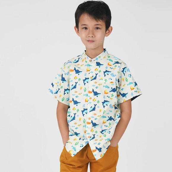 Mandarin Collar Boy Shirt - Shark & Fishes (White)
