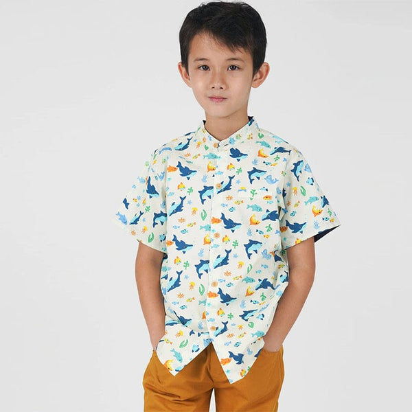 Mandarin Collar Boy Shirt - Shark & Fishes (White)