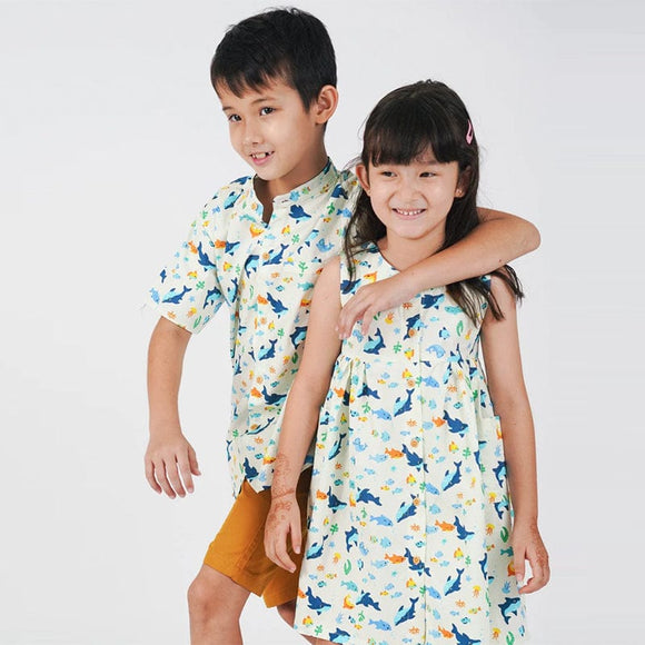 Mandarin Collar Boy Shirt - Shark & Fishes (White)
