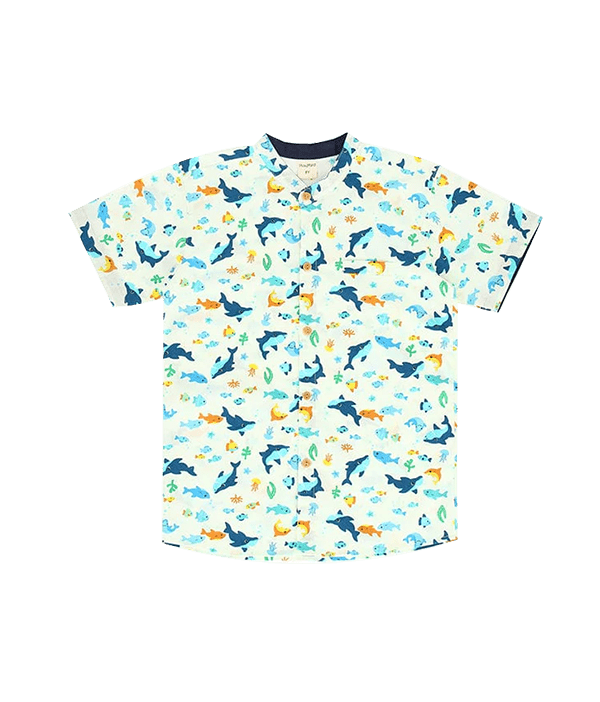 Mandarin Collar Shirt - Shark & Fishes  (White)