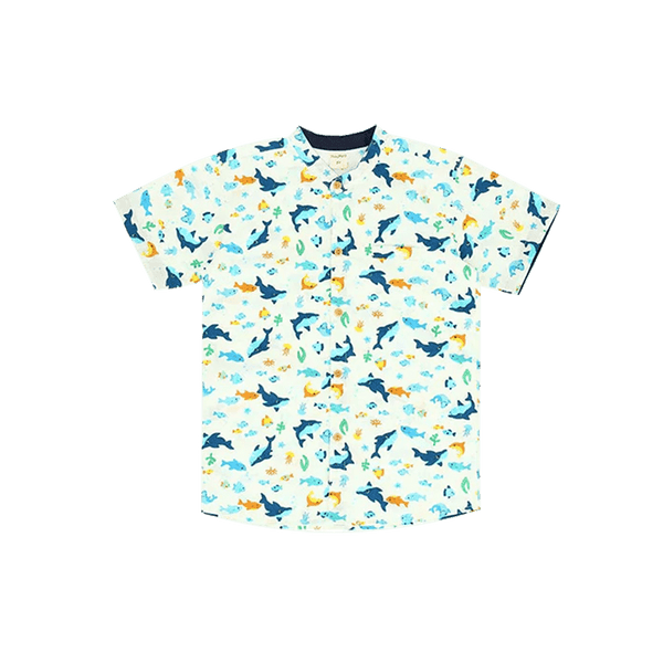 Mandarin Collar Boy Shirt - Shark & Fishes (White)
