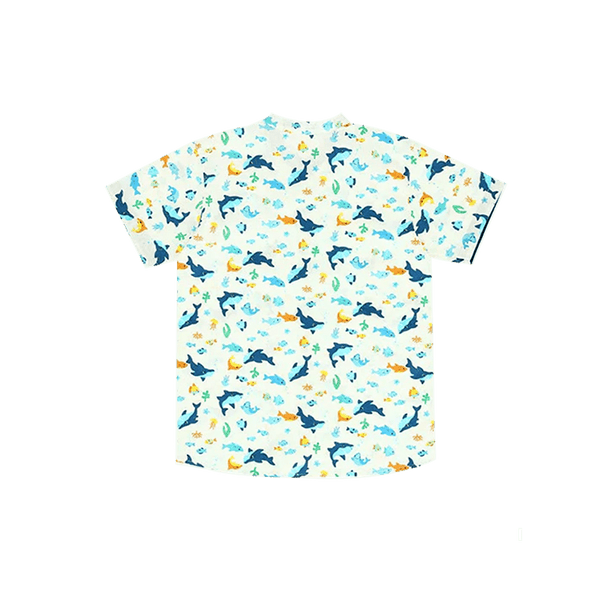 Mandarin Collar Boy Shirt - Shark & Fishes (White)