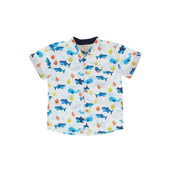 Mandarin Collar Boy Shirt - Shark & Whale At Sea (White)