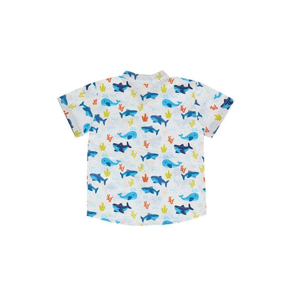 Mandarin Collar Boy Shirt - Shark & Whale At Sea (White)