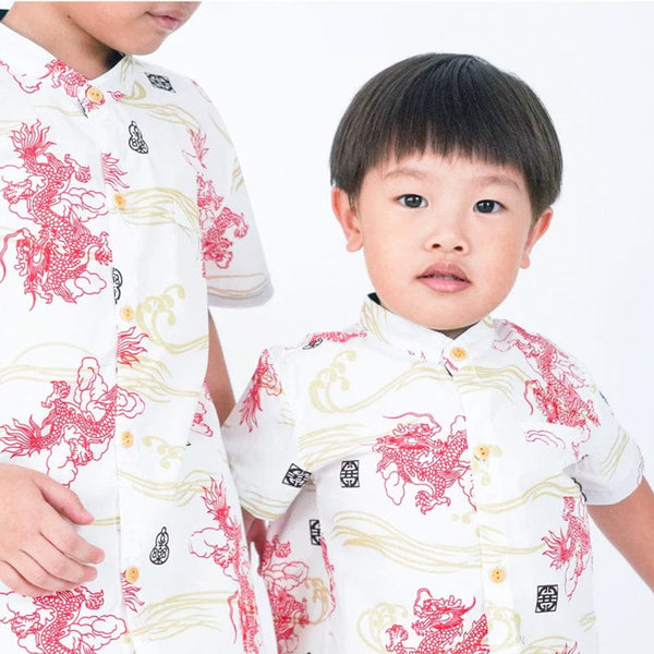 Mandarin Collar Shirt - Soaring Dragon (White)