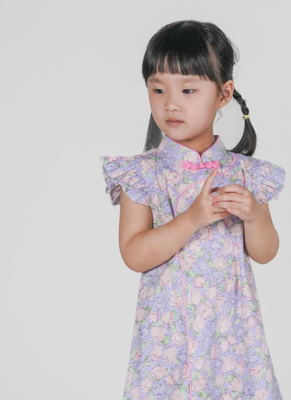 Spring Fleurs R. Sleeve Cheongsam (Lilac)