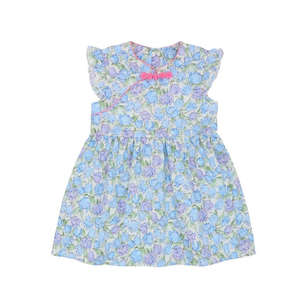 Spring Fleurs Ruffle Sleeve Cheongsam with Ribbon (Blue)