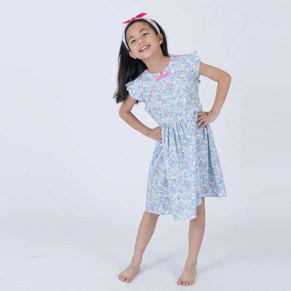 Spring Fleurs Ruffle Sleeve Cheongsam with Ribbon (Blue)