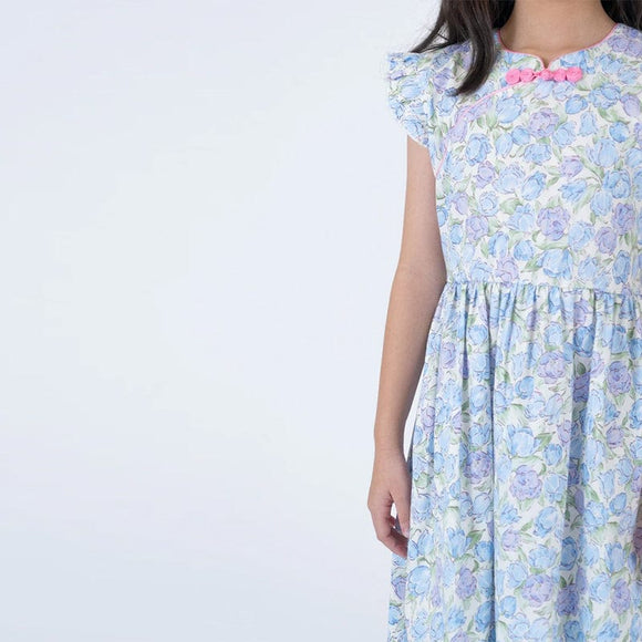 Spring Fleurs Ruffle Sleeve Cheongsam with Ribbon (Blue)