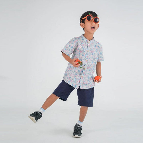 Mandarin Collar Boy Shirt - Springtime Blooms (Blue)