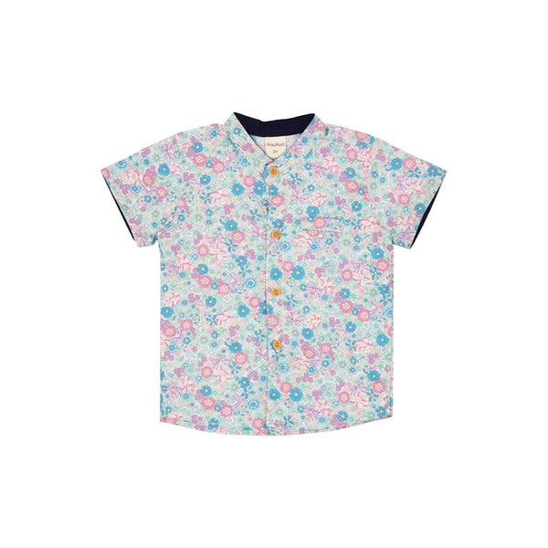 Mandarin Collar Boy Shirt - Springtime Blooms (Blue)