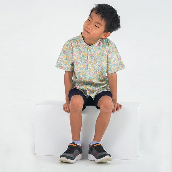 Mandarin Collar Boy Shirt - Springtime Blooms (Yellow)