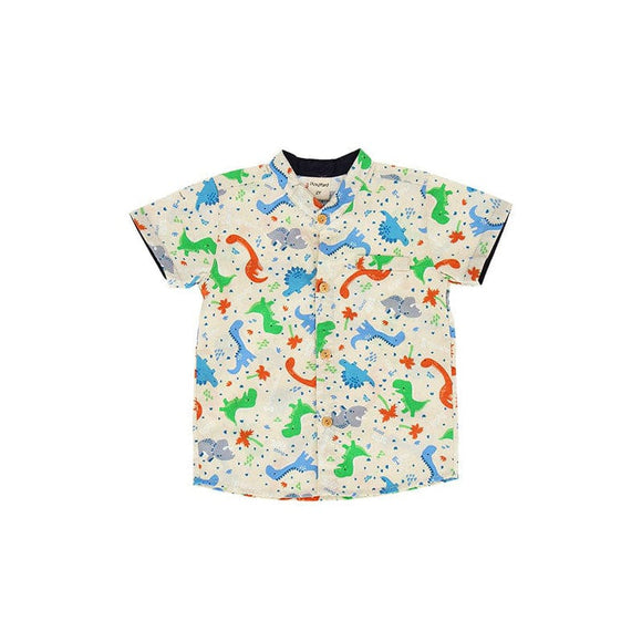 Mandarin Collar Boy Shirt - Stegosaurus Dino (Beige)