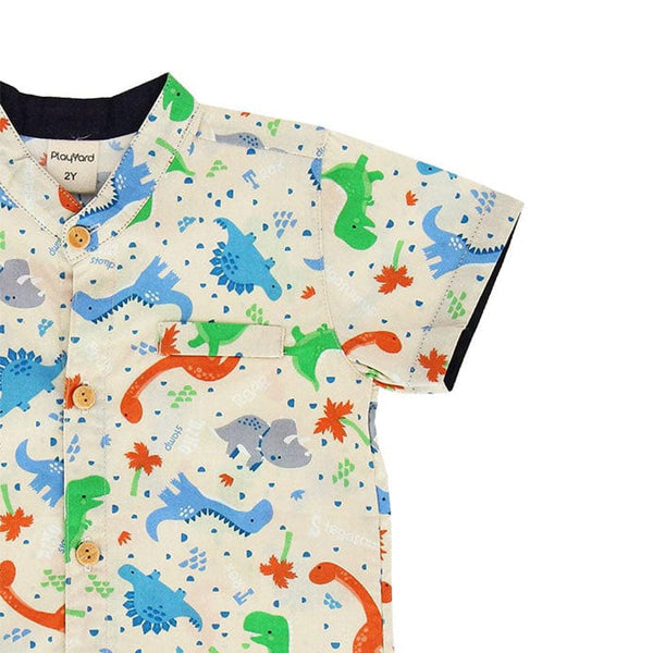 Mandarin Collar Boy Shirt - Stegosaurus Dino (Beige)
