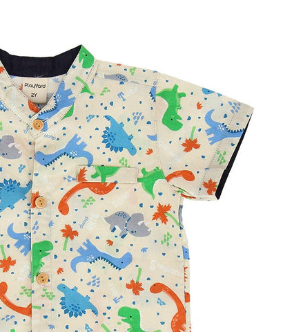 Mandarin Collar Shirt - Stegosaurus Dino (Beige)